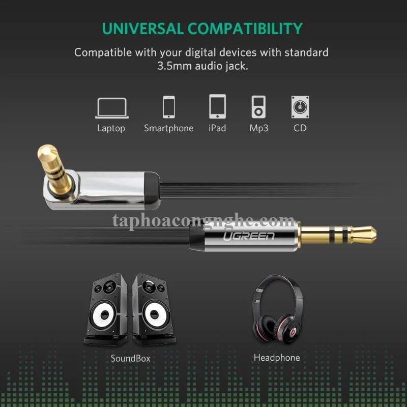 Ugreen 10728 3M màu Đen Cáp âm thanh 2 đầu 3.5mm dương đầu vuông góc mạ vàng AV119 30010728